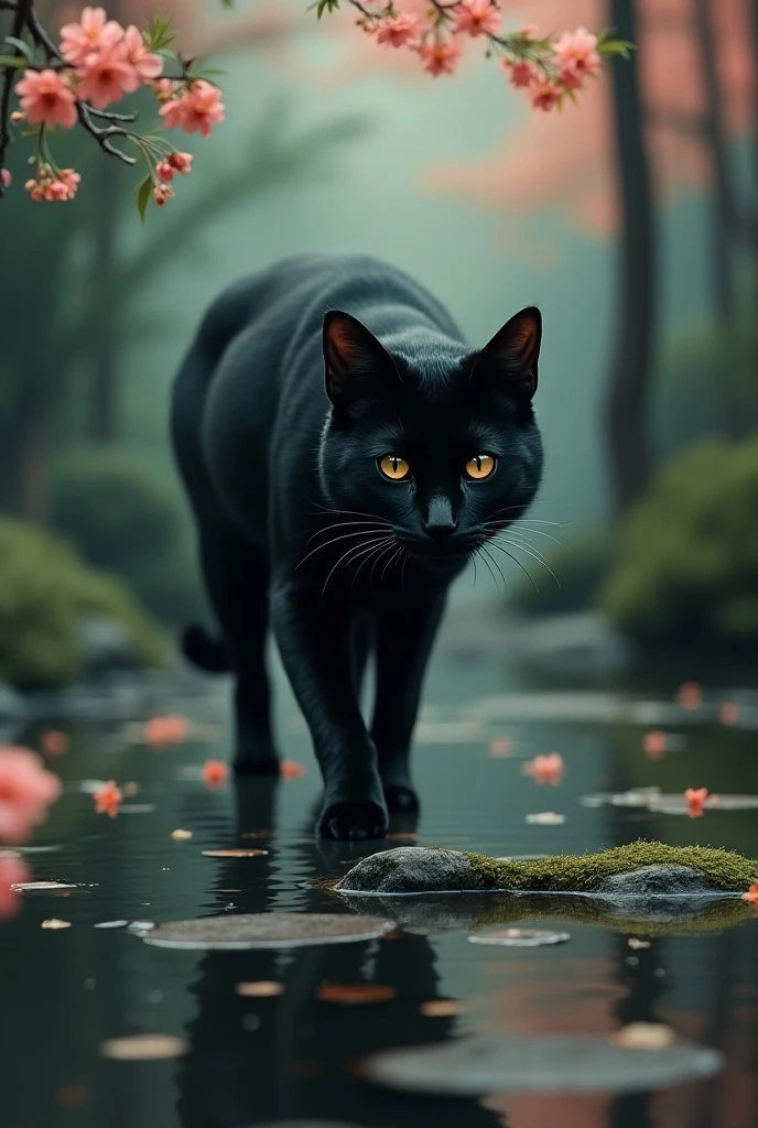 A black cat in a traditional Japanese garden, elegant and mysterious, (1girl, black cat, traditional japanese garden, koi pond, sakura trees, bamboo, fog, moon in the sky, detailed fur, detailed eyes, highly detailed, photorealistic:1.4), (cinematic lighting, dramatic lighting, chiaroscuro, moody, atmospheric:1.2), (detailed background, intricate details, beautiful composition:1.1), (best quality, 8k, highres, masterpiece:1.2), (ukiyo-e, traditional japanese art, woodblock print style:1.1)