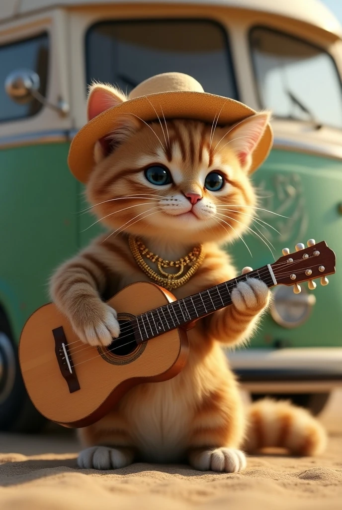 【A cat wearing a straw hat is playing the guitar in front of the bus. He wears a gold chain around his neck】, masterful photorealistic rendering, natural lighting, soft shadows, 4K resolution, highly detailed fur texture, natural pose, Canon EOS R5, f/2.8, golden hour lighting, detailed sand texture, rule of thirds composition