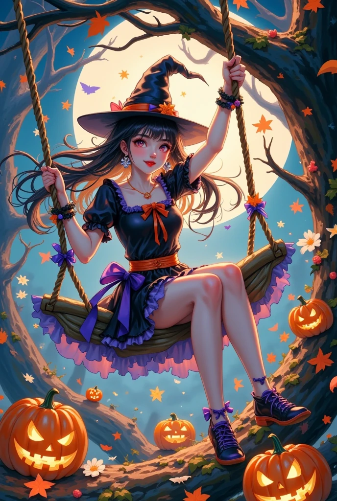 (masterpiece,    are the best quality :1.2), 1 beautiful girl，Swing，Halloween