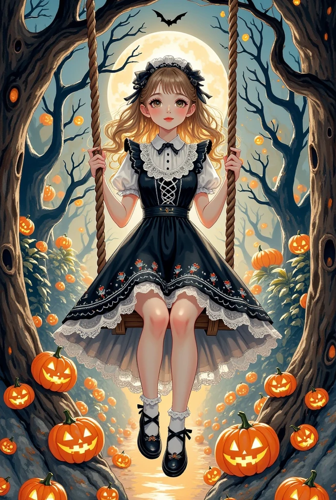 (masterpiece,    are the best quality :1.2), 1 beautiful girl，Swing，Halloween