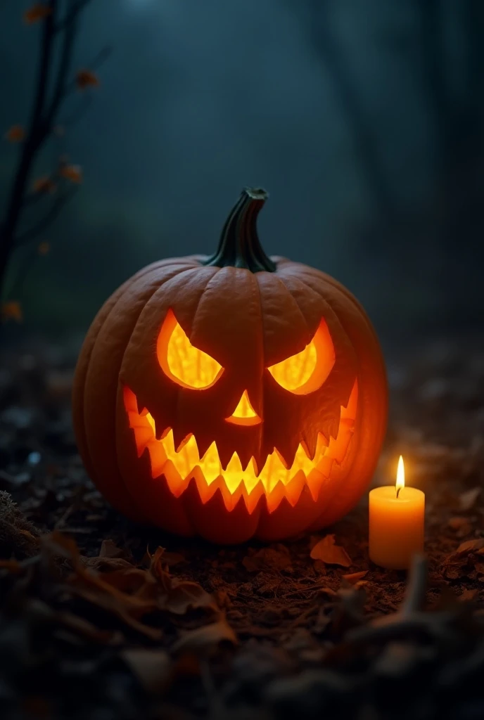  A carved Halloween pumpkin with a spooky expression ,  illuminated from the inside by a candle that emits a warm and mysterious glow.  The pumpkin has triangular eyes and a mouth with sharp teeth , And it is in a dark and gloomy environment ,  with a light fog that adds a dark touch . around,  you can see Halloween details such as dry leaves , cobwebs,  and shadows that create a terrifying and suspenseful atmosphere .