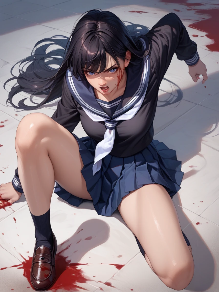 score_9,score_8_up,score_7_up,score_6_up, 1girl, solo, long hair, black hair, school uniform, pleated skirt, socks, blood, black serafuku, fighting stance, reflective floor,