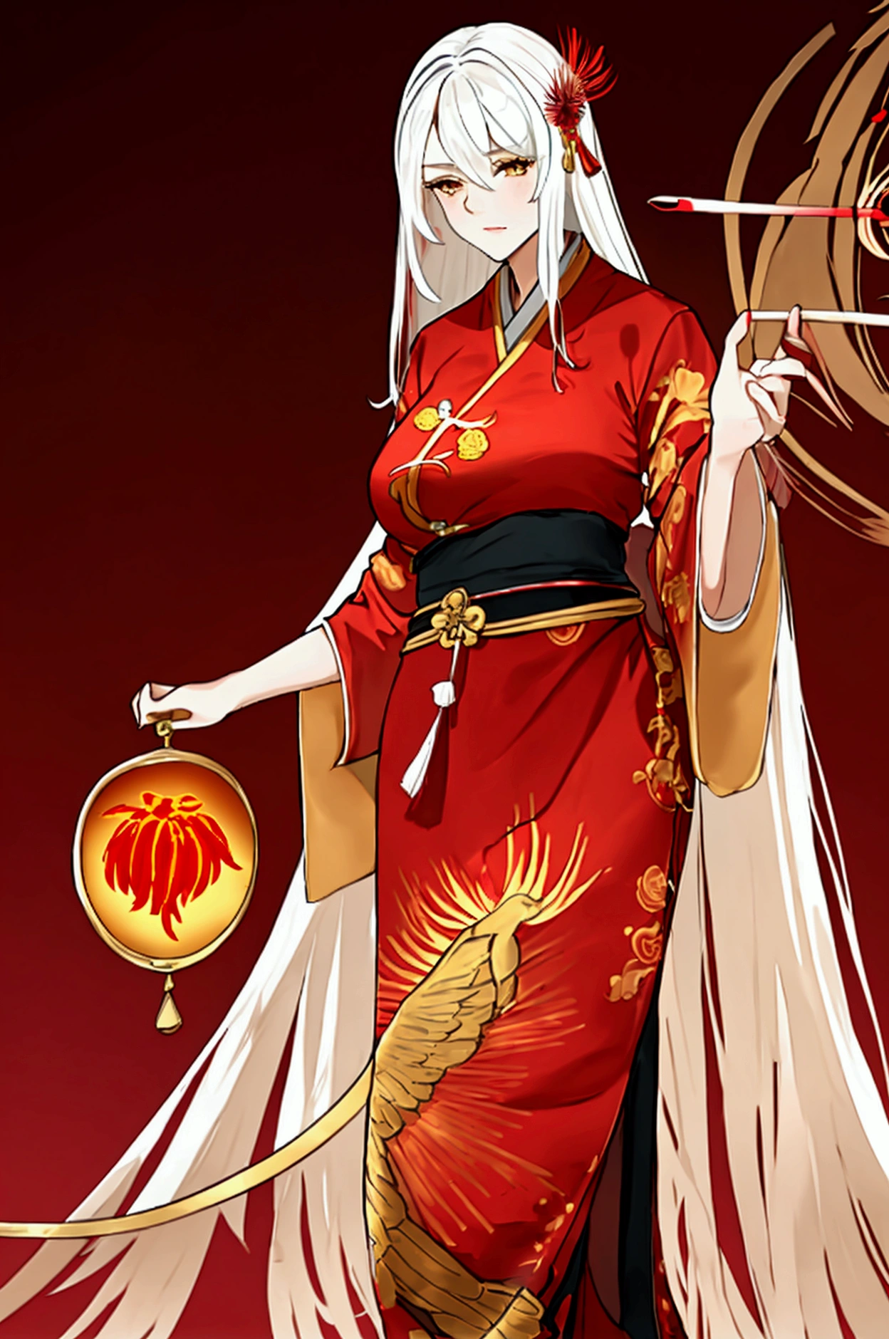 high detail, good image quality, high resolution, a woman, tall 185cm, 30 years old, long hair, white hair, yellow eyes, very gigantic breasts, small waist, big butt, long legs, perfect S curve, majestic and calm face, cold look of a person standing (detailed face, high resolution), beautiful goddess, wearing multi-layered Hanfu (red inner shirt, red outer shirt, long and wide sleeves, with phoenix and golden cloud motifs embroidered on the hanfu), classical Chinese scene, dark clouds, spider lily