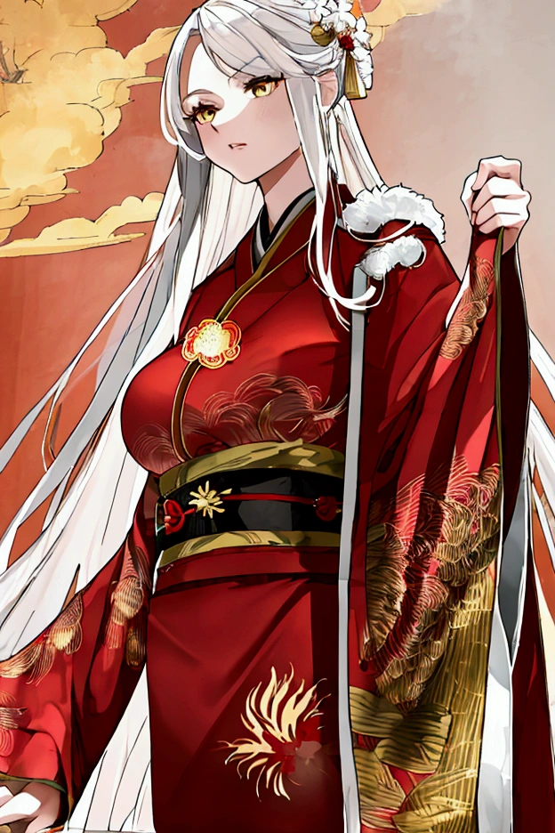 high detail, good image quality, high resolution, a woman, tall 185cm, 30 years old, long hair, white hair, yellow eyes, very gigantic breasts, small waist, big butt, long legs, perfect S curve, majestic and calm face, cold look of a person standing (detailed face, high resolution), beautiful goddess, wearing multi-layered Hanfu (red inner shirt, red outer shirt, long and wide sleeves, with phoenix and golden cloud motifs embroidered on the hanfu), classical Chinese scene, dark clouds, spider lily