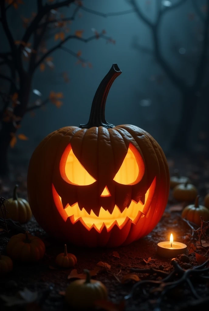  A carved Halloween pumpkin with a spooky expression ,  illuminated from the inside by a candle that emits a warm and mysterious glow.  The pumpkin has triangular eyes and a mouth with sharp teeth , And it is in a dark and gloomy environment ,  with a light fog that adds a dark touch . around,  you can see Halloween details such as dry leaves , cobwebs,  and shadows that create a terrifying and suspenseful atmosphere .