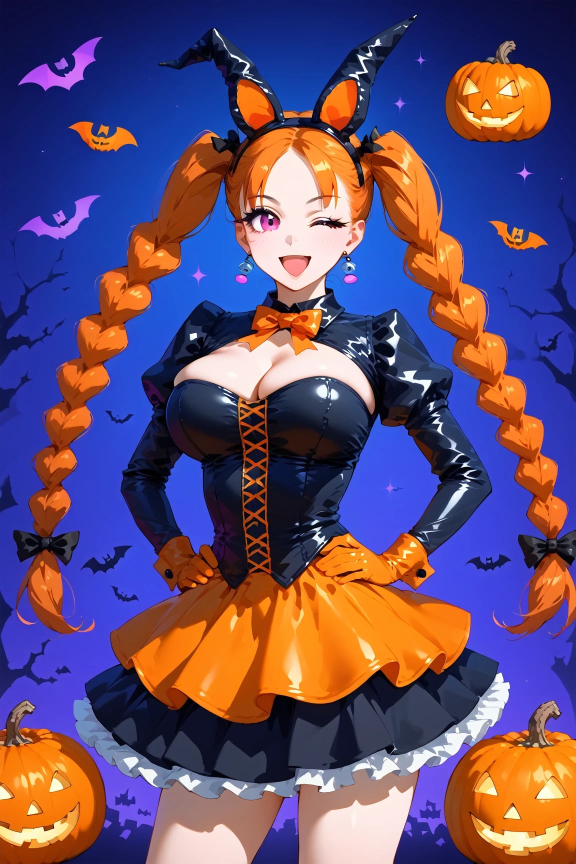 score_9, score_8_up, score_7_up, source_anime BREAK 1girl, solo, Halloween witch, twin tails, very long hair, orange hair, Her hair is styled in long braids with ribbons, fake animal ears, , pink eyes, Halloween witch gothic dress with ribbons, frilled skirt ,shrug \(clothing\), orange color gloves, latex, v, hands on hip, wide hips, large breasts, smile, open mouth, one eye closed, hand up,(Halloween atmosphere:1.5), ghosts and pumpkins background,