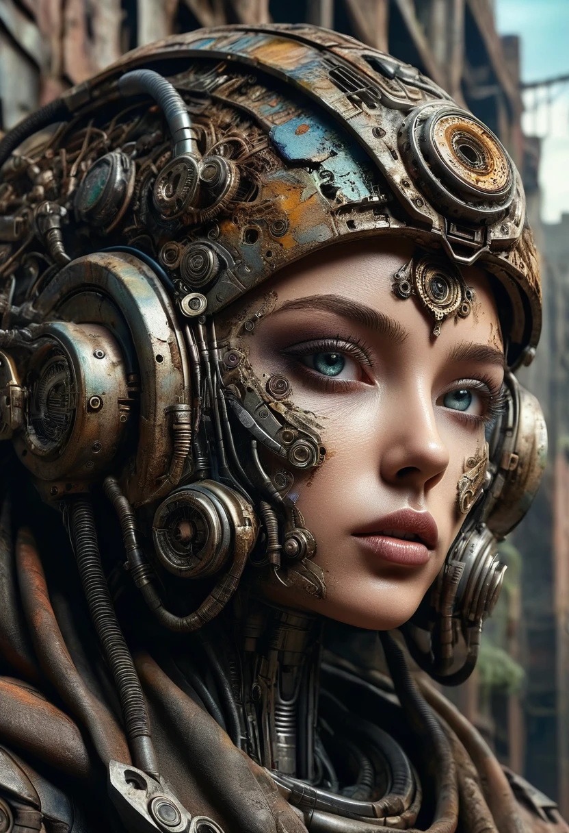 A highly detailed portrait of a technologically advanced ancient alien in a post-apocalyptic cityscape, beautiful detailed eyes, beautiful detailed lips, extremely detailed face and features, long eyelashes, cyborg, futuristic, advanced technology, glowing circuits, mechanical parts, post-apocalyptic environment, ruined city, dystopian, abandoned buildings, overgrown vegetation, moody lighting, dramatic shadows, cinematic, muted color palette, photorealistic, 8k, ultra-detailed, masterpiece, digital art