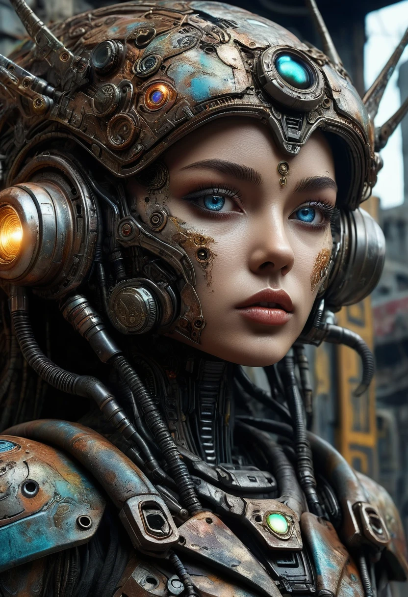 A highly detailed portrait of a technologically advanced ancient alien in a post-apocalyptic cityscape, beautiful detailed eyes, beautiful detailed lips, extremely detailed face and features, long eyelashes, cyborg, futuristic, advanced technology, glowing circuits, mechanical parts, post-apocalyptic environment, ruined city, dystopian, abandoned buildings, overgrown vegetation, moody lighting, dramatic shadows, cinematic, muted color palette, photorealistic, 8k, ultra-detailed, masterpiece, digital art