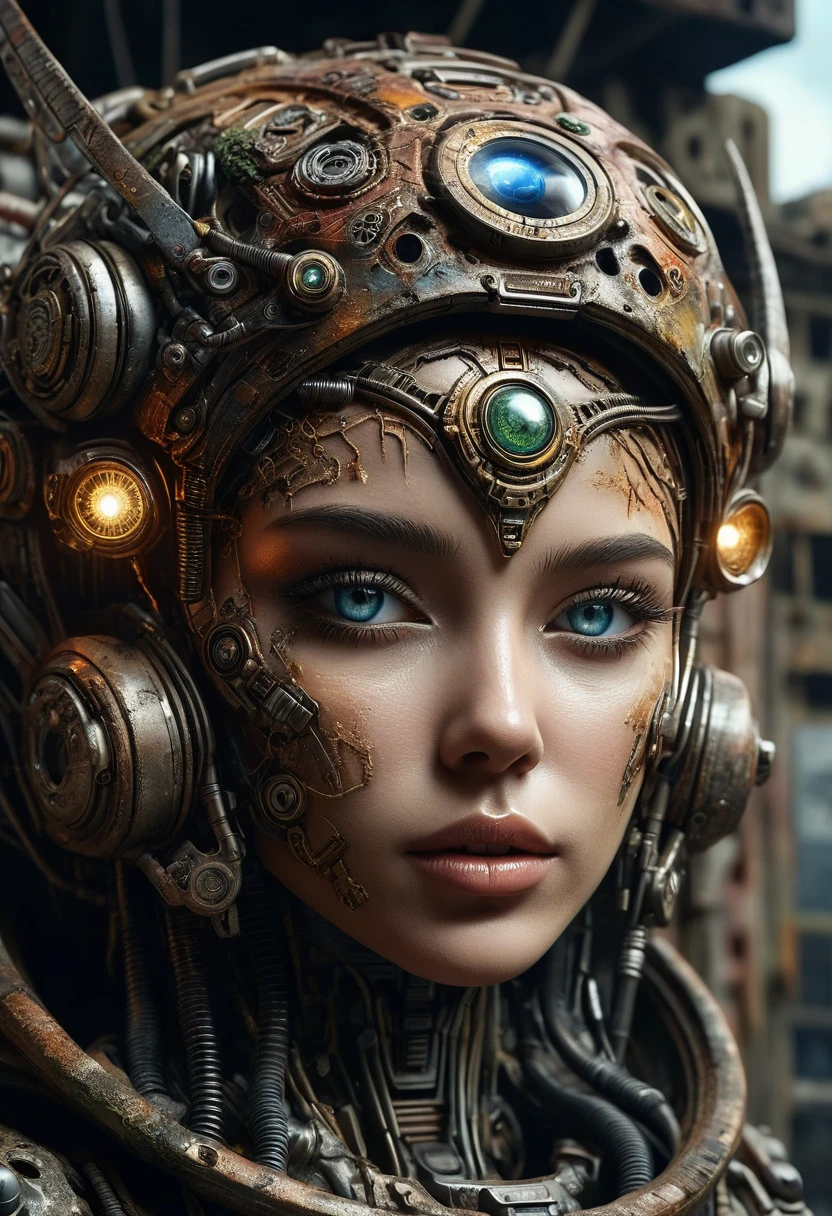 A highly detailed portrait of a technologically advanced ancient alien in a post-apocalyptic cityscape, beautiful detailed eyes, beautiful detailed lips, extremely detailed face and features, long eyelashes, cyborg, futuristic, advanced technology, glowing circuits, mechanical parts, post-apocalyptic environment, ruined city, dystopian, abandoned buildings, overgrown vegetation, moody lighting, dramatic shadows, cinematic, muted color palette, photorealistic, 8k, ultra-detailed, masterpiece, digital art