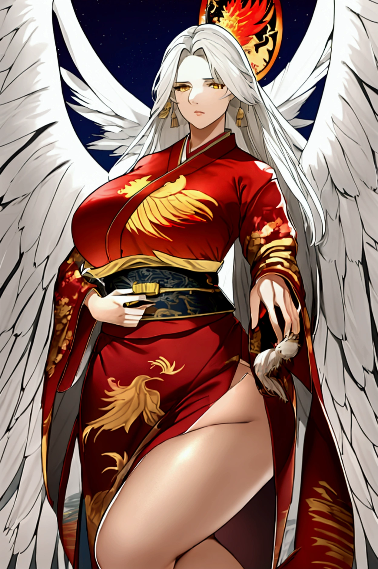 high detail, good image quality, high resolution, a woman, tall 185cm, 30 years old, long hair, white hair, yellow eyes, very gigantic breasts, small waist, big butt, long legs, perfect S curve, majestic and calm face, cold look of a person standing (detailed face, high resolution), beautiful goddess, wearing multi-layered Hanfu (red inner shirt, red outer shirt, long and wide sleeves, with phoenix and golden cloud motifs embroidered on the hanfu), classical Chinese scene, dark clouds, spider lily