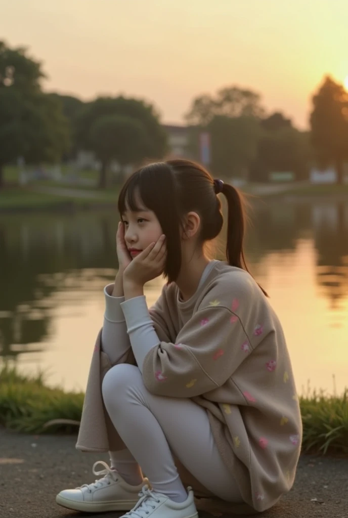 cutegurls, a girl crouched by the side of a lake, wearing a cozy sweater and leggings, her reflection shimmering in the water as she dips her hand into the cool, clear surface.