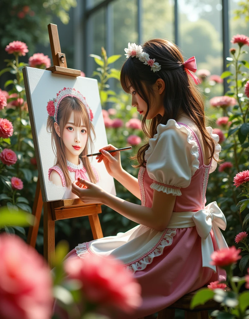 ultra-realistic, photorealistic, dramatic scene, shadow, global-illumination, solo, (teenage Japanese famous idol girl:1.5), very beautiful fragile Japanese girl, very beautiful with very cute but boyish cool face, (modern maid:1.2), (wearing a cute colored maid outfits with frills:1.2), (very large breasts), slim waist, She is sketching in the flower garden, She paints self-portraits, easel