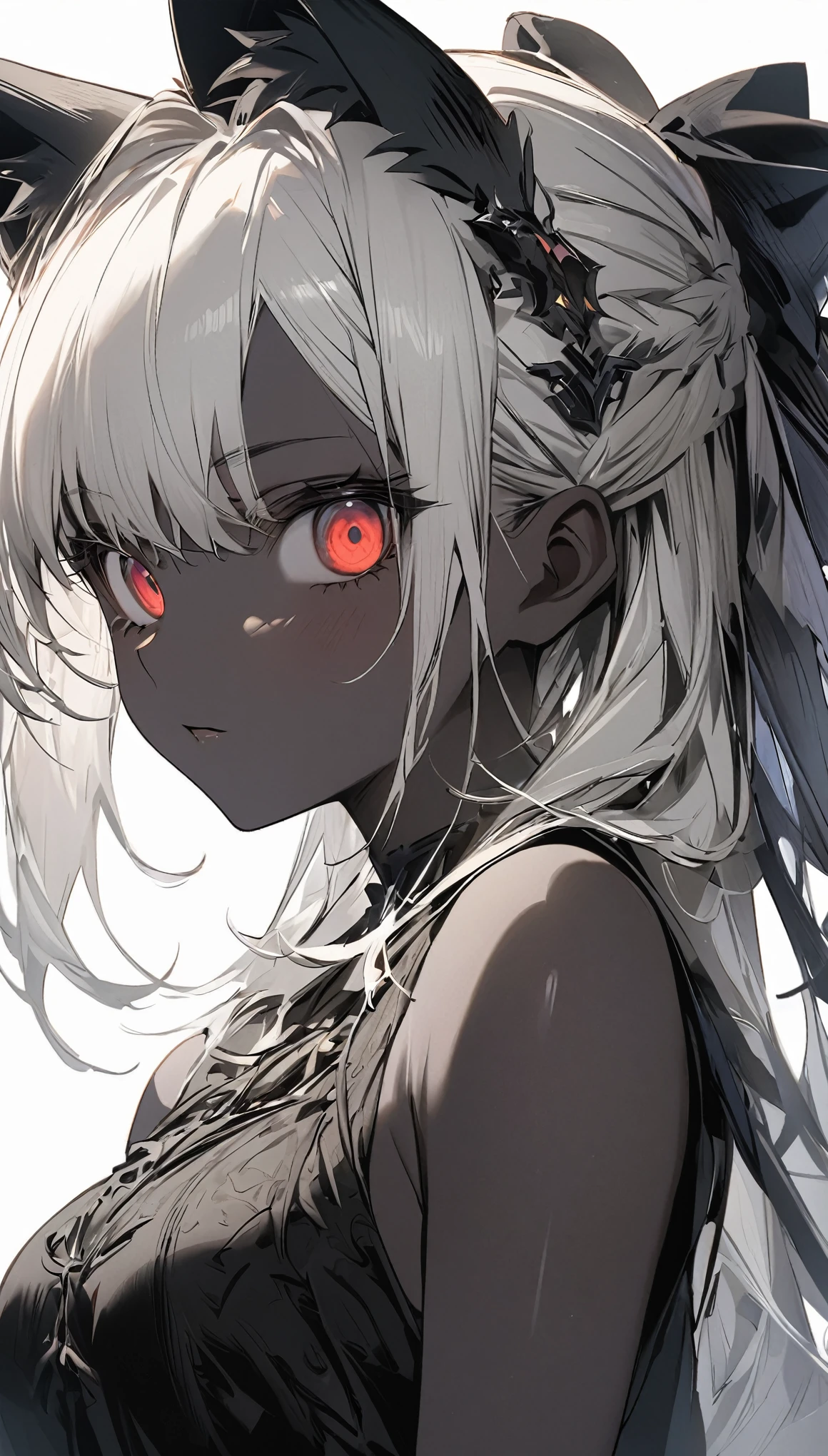 ((masterpiece:1.3)), accurate, textured skin, (dark skinned), high details, high quality, high resolution, super detail, 1080P, detailed face, detailed eyes, rabbit ears, white hair, sidelocks, swept bangs, straight hair, shiny hair, big hair, Gothic art, 