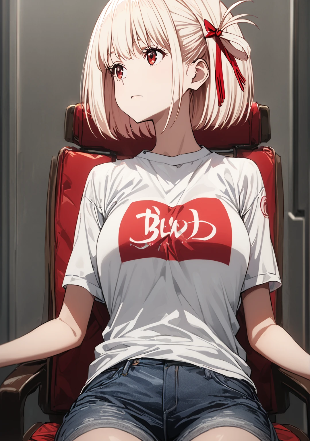 chisato nishikigi, short hair, bangs, blonde hair, red eyes, hair ribbon, one side up, bob cut, large breast, t-shirt, short sleeves, white t-shirt, short pants, denim pants, long socks, sitting chair, leaning back, looking upward, trun face up, full-body shot, solo, alone, best quality, high quality, ultra-detailed, super detailed, high resoolution, hyper resolution, 8K,