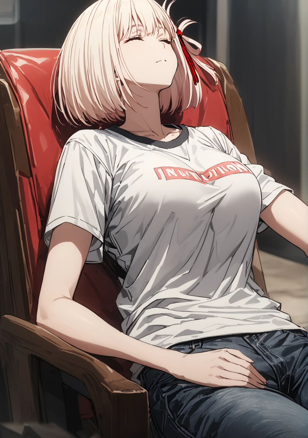 chisato nishikigi, short hair, bangs, blonde hair, closing eyes, hair ribbon, one side up, bob cut, large breast, t-shirt, short sleeves, white t-shirt, short pants, denim pants, long socks, sitting chair, sleeping, leaning back, looking upward, trun face up, full-body shot, solo, alone, best quality, high quality, ultra-detailed, super detailed, high resoolution, hyper resolution, 8K,