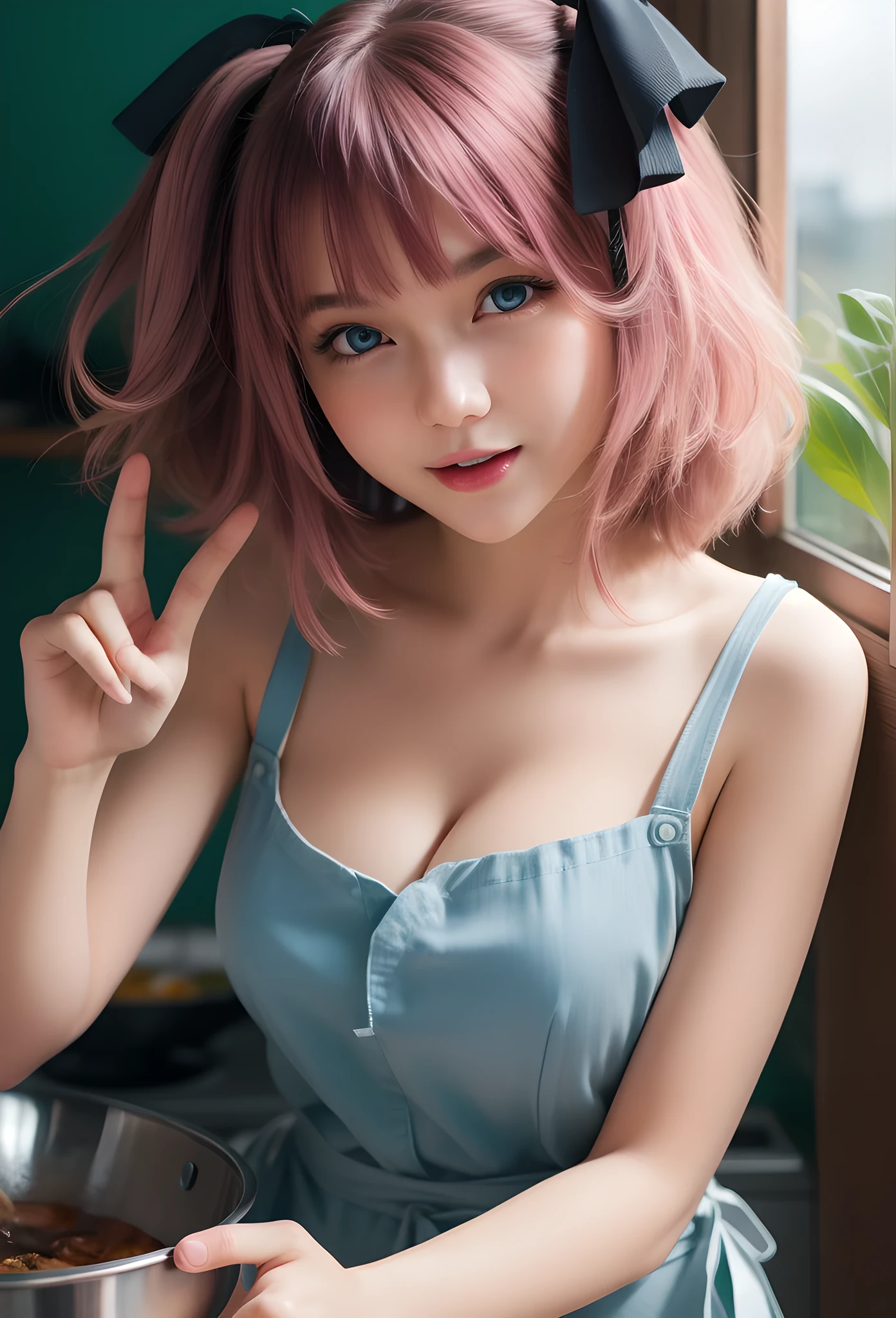(masterpiece), (hyper-realistic), (detailed features), ((hyper realistic)), (Best quality, 8k, 32k, raw photo, real life, photorealistic, UHD:1.2), 1girl, solo, breasts, looking at viewer, blush, smile, short hair, open mouth, bangs, blue eyes, large breasts, hair ornament, ribbon, holding, cleavage, bare shoulders, collarbone, hair ribbon, pink hair, :d, cowboy shot, food, indoors, blunt bangs, medium hair, apron, two side up, v-shaped eyebrows, black ribbon, sideboob, steam, butterfly hair ornament, naked apron, cooking, kitchen, frying pan, stove, nakano nino, (hyper-realistic girl), (illustration), (high resolution), (extremely detailed), (best illustration), (beautiful detailed eyes), (best quality), (ultra-detailed), (masterpiece), (wallpaper), (photorealistic), (natural light), (rim lighting), (detailed face), (high detailed realistic skin face texture), (anatomically correct), (perfect hands), (correct fingers), (heterochromic eyes), (detailed eyes), (sparkling eyes), (dynamic pose), (loose hair:1.35), looking to viewers,Extremely Realistic
