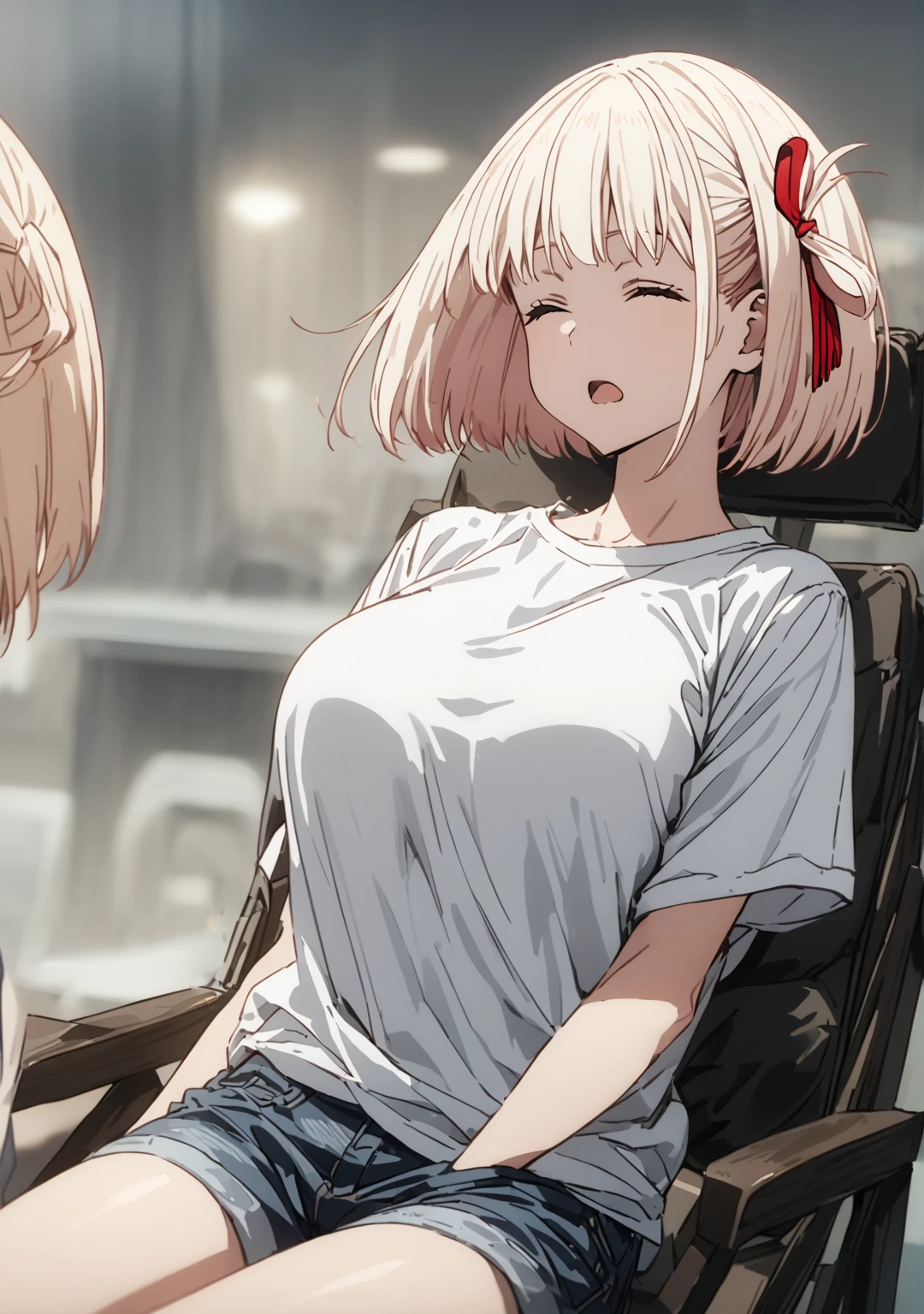 chisato nishikigi, short hair, bangs, blonde hair, closing eyes, hair ribbon, one side up, bob cut, large breast, t-shirt, short sleeves, white t-shirt, short pants, denim pants, long socks, sitting chair, open mouth, slobber, sleeping, leaning back, looking upward, trun face up, full-body shot, solo, alone, best quality, high quality, ultra-detailed, super detailed, high resoolution, hyper resolution, 8K,