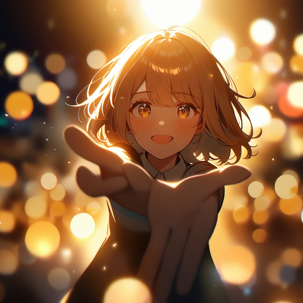 One woman, central frame, pov, reaching out, golden hour, bokeh, emotional, cinematic lights, light orbs