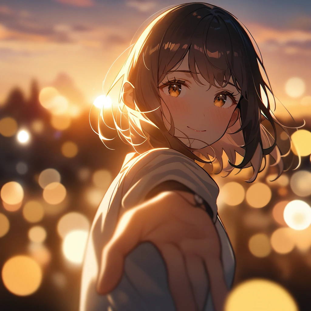 One woman, central frame, pov, reaching out, golden hour, bokeh, emotional, cinematic lights, light orbs