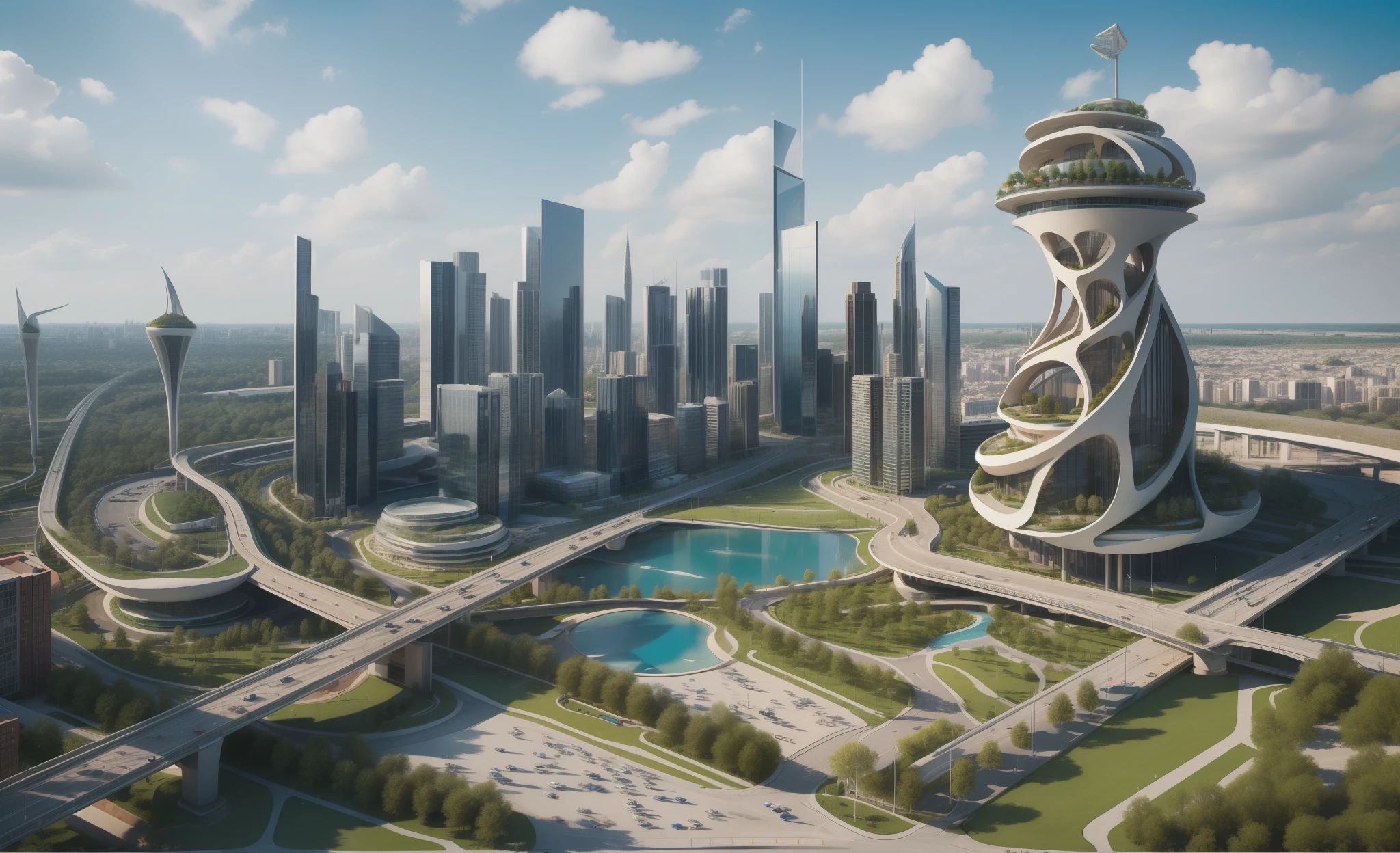city plan 3d, roads, parks, cars, amazing huge buildings , big towers, small pools, trees, blue sky, people