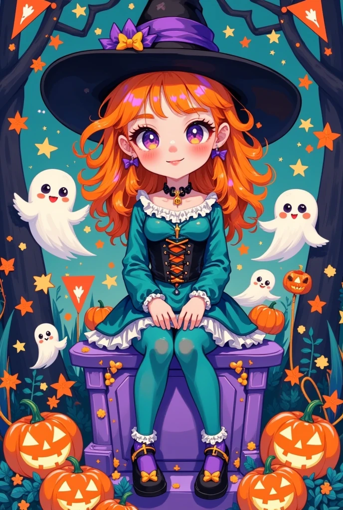 a cute girl with vibrant orange curly hair, dressed in a teal long-sleeve dress, black corset, and teal stockings. she sits on a purple tombstone, adorned with a black witch's hat, surrounded by halloween-themed decorations like ghosts, jack-o'-lanterns, and swirling patterns. the background is black with teal accents. the image has a playful, whimsical feel with a halloween theme.