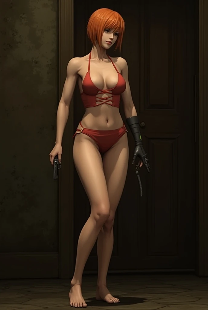 ((Courtney Hope)), red hair, short ponytail, wavy hair, single sidelock, low ponytail, Jesse Faden from CONTROL, Slim lightly toned build, Small bust, (strong glutes), best hands, perfect hands, anatomically correct, BREAK: black Fitted motorcycle/bomber jacket 1/4 cropped, (skin tight red micro bikini top under jacket:1.35), bodycon black jeans, matte black leather motorcycle boots, (holding 'Service Weapon':1.3), BREAK: (full length portrait), 1/4 turned, wide shot, UHD, 16k, best quality, masterpiece, BREAK: brutalist office interior, 1960s era office interior, brutalist design elements and white concrete walls