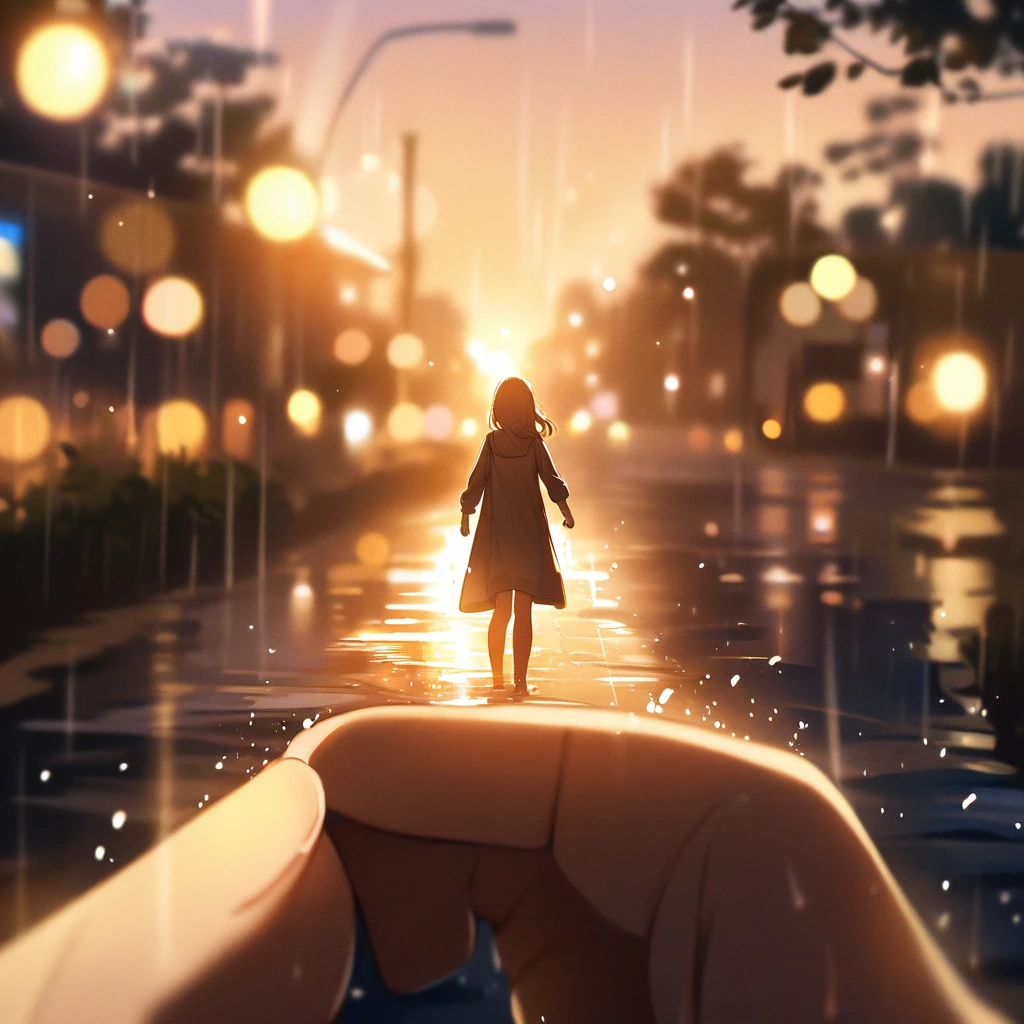 One woman, central frame, pov, reaching out, golden hour, bokeh, emotional, cinematic lights, light orbs, daylight, rain with sunshine