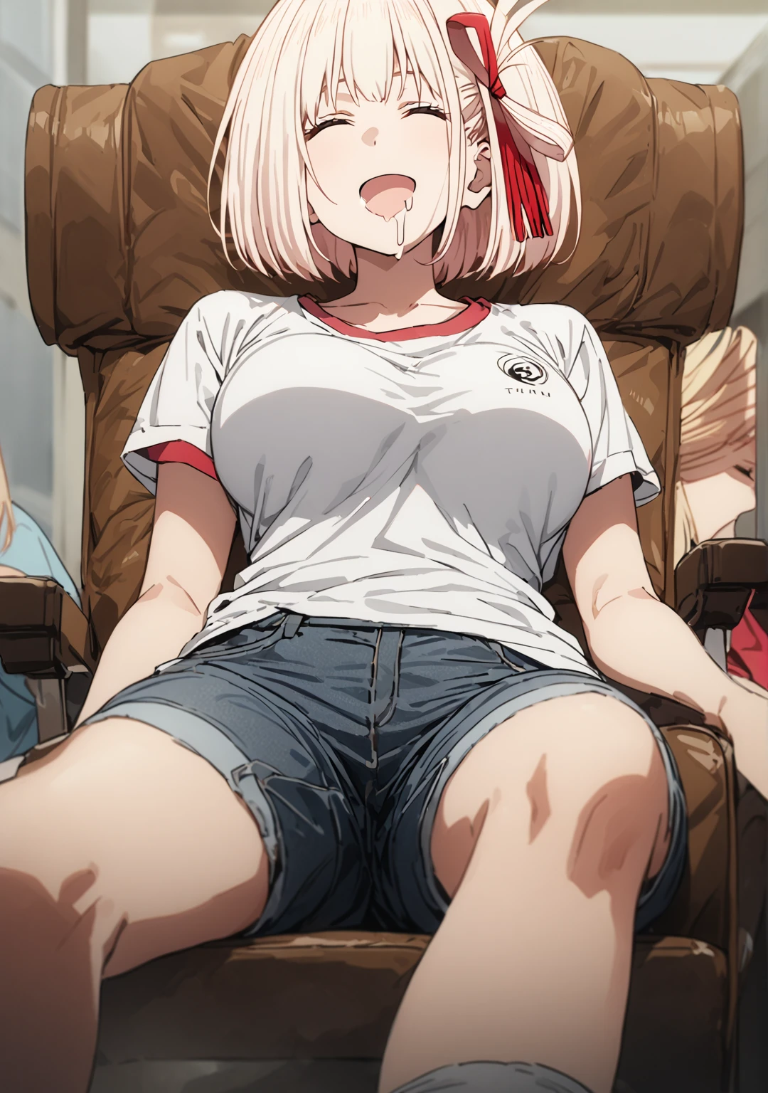 chisato nishikigi, short hair, bangs, blonde hair, closing eyes, hair ribbon, one side up, bob cut, large breast, t-shirt, short sleeves, white t-shirt, short pants, denim pants, long socks, sitting chair, happy, open mouth, (drooling:1.2), (sleeping:1.2), leaning back, looking upward, trun face up, full-body shot, solo, alone, best quality, high quality, ultra-detailed, super detailed, high resoolution, hyper resolution, 8K,