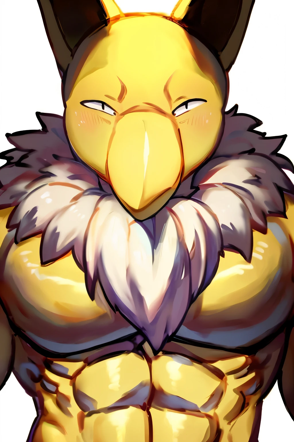 Furry, Anthro, solo, Hypno, Male, (((muscular body, massive male pectorals, yellow skin, wearing white fluffy fur around neck))), ((((massive biceps, head tilted, sweaty, glossy)))), ((((((massive bulky torso, facing viewer, naked)))))) upper body, (front view), black/yellow spraypainted background, by buta99, by zackary911, by bebebebebe, (((digital painting)))