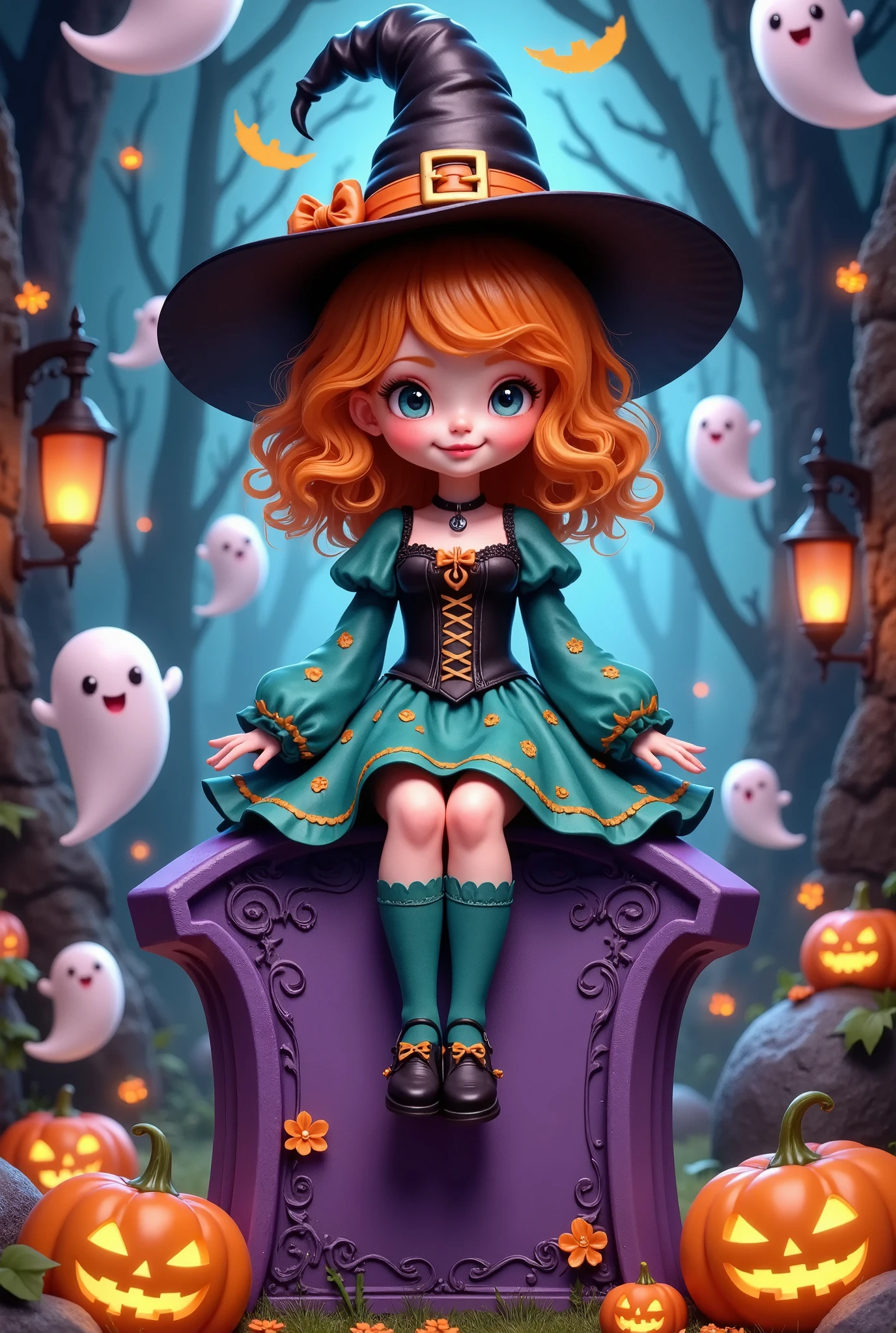 a cute girl with vibrant orange curly hair, dressed in a teal long-sleeve dress, black corset, and teal stockings. she sits on a purple tombstone, adorned with a black witch's hat, surrounded by halloween-themed decorations like ghosts, jack-o'-lanterns, and swirling patterns. the background is black with teal accents. the image has a playful, whimsical feel with a halloween theme.