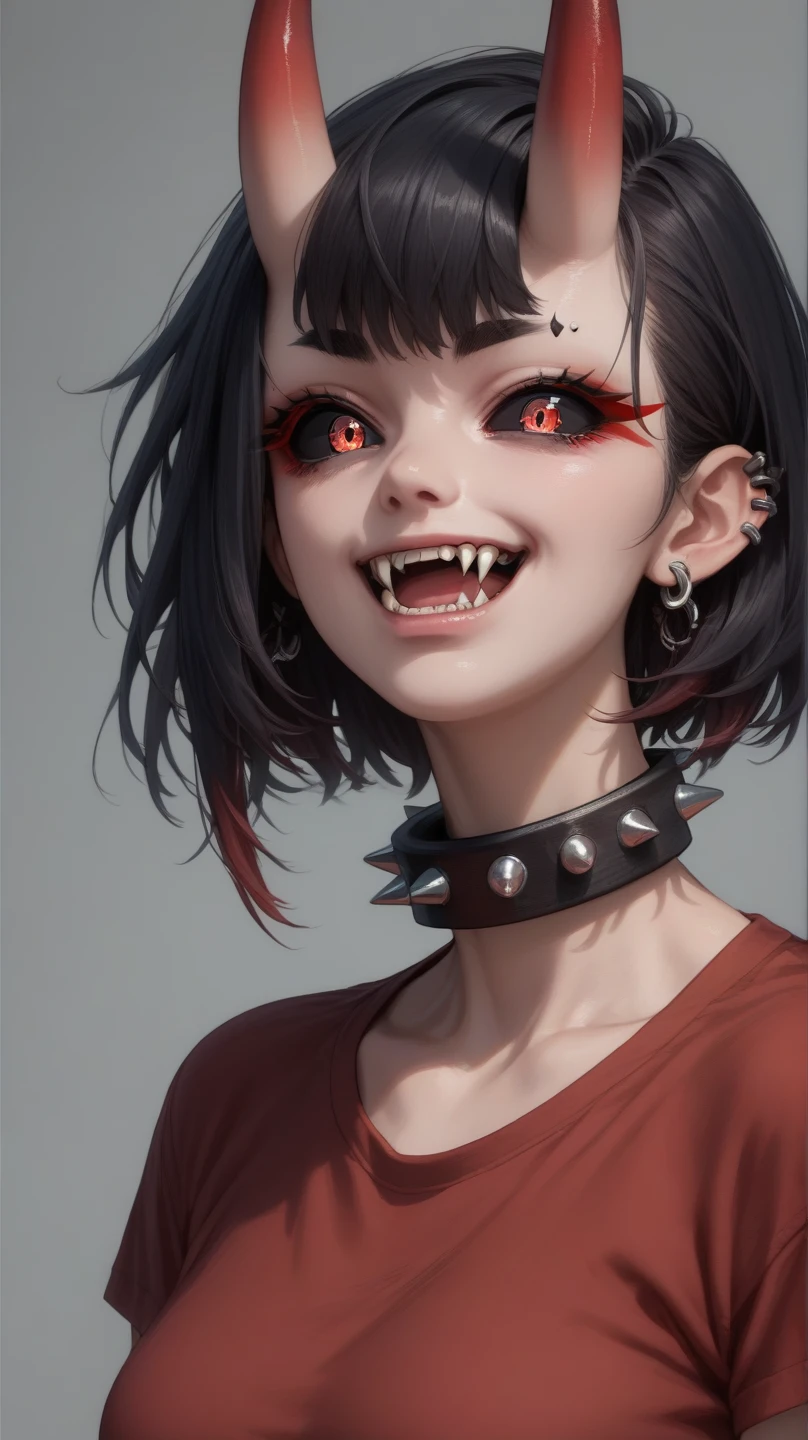 score_9, score_8_up, score_7_up, source_anime, oni girl, detailed eyes, big open eyes, dark eyebrow, ear piercing, oni horns, black sclera, iridescent pupils, fangs, medium breasts, red t-shirt, spiked neck collar, short black hair, spiky hair, focus on face,