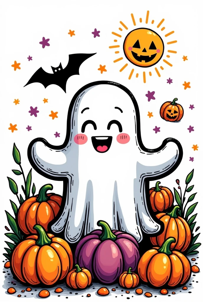 a Cute cartoon Halloween ghost , surrounded by pumpkin, white background, doodle in the style of Keith Haring, sharpie illustration, bold lines, in the style of grunge beauty, mixed patterns, text and emoji installations