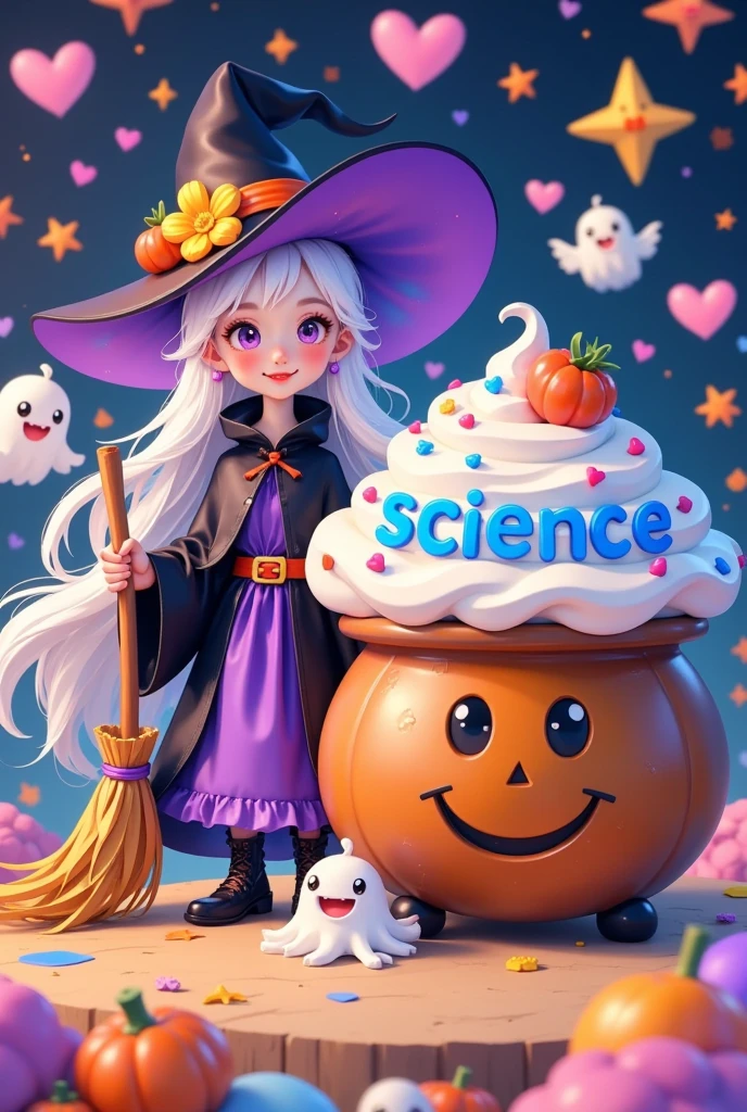 The image is a 3D illustration of a cartoon witch. The witch is wearing a black pointed hat with a yellow flower on top and a purple cape. She has white hair and is holding a broomstick in her right hand. She is standing next to a large cauldron with a smiley face on it. There are two small ghosts on either side of the cauldron.\n\nThe image is an illustration of a large yellow cupcake with a smiley face on top. The cupcake is decorated with pink hearts and has the words \"Science\" written on it in blue.