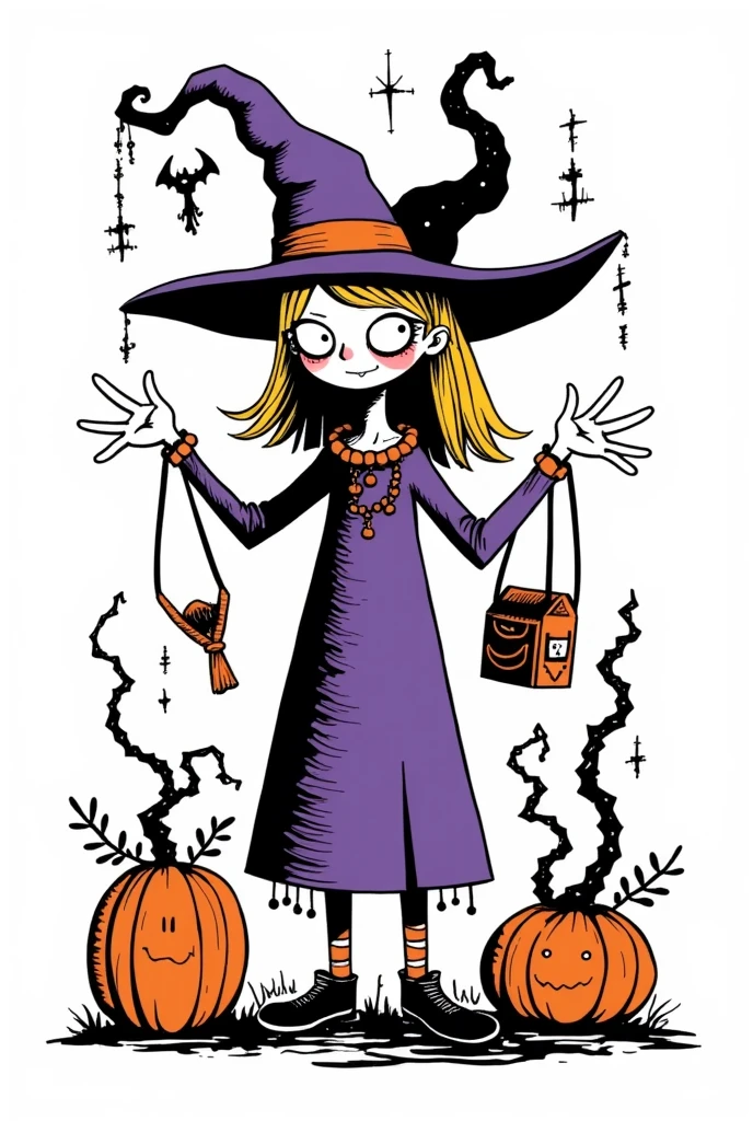 Cute cartoon Witch wearing purple dress, smile, exaggerated movements and expressions,full body, surrounded by pumpkin and Trick-or-treat bag, white background, doodle in the style of Keith Haring, sharpie illustration, bold lines