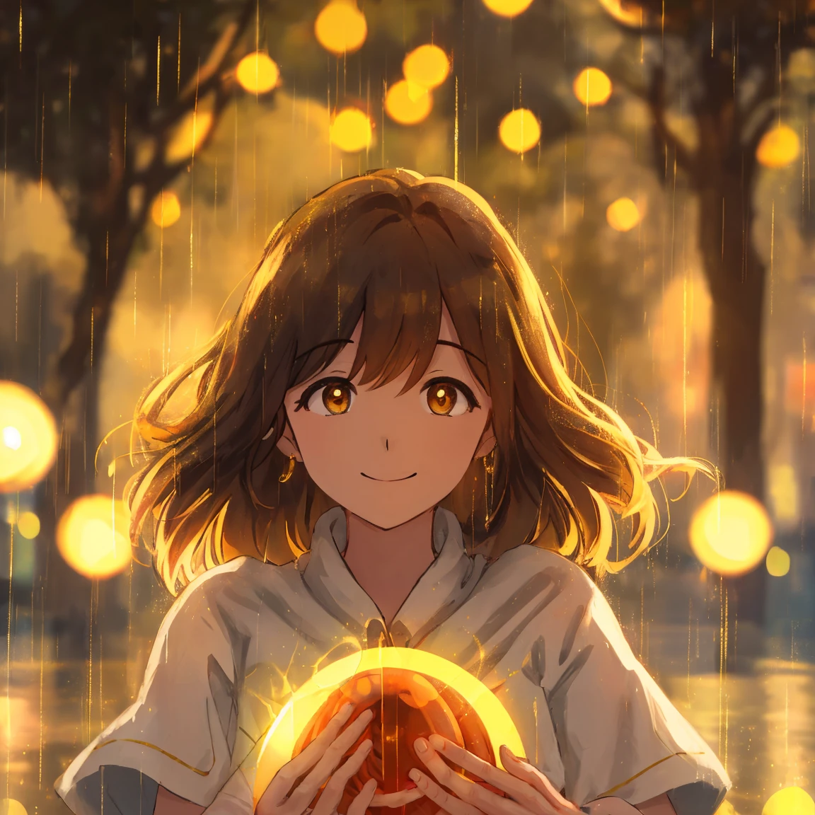 One woman, central frame, pov, golden hour, bokeh, emotional, cinematic lights, light orbs, rain with sunshine, smiling