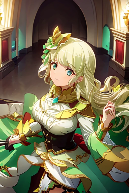 ((Best Quality)), ((masterpiece)), ( Details),  1 Girl, Light blonde, Emerald Green_eye, smile, Sister, Right Hand _Red Rose,Hair ornament, chest, Big Breasts, (Costume_ Satono Diamond)