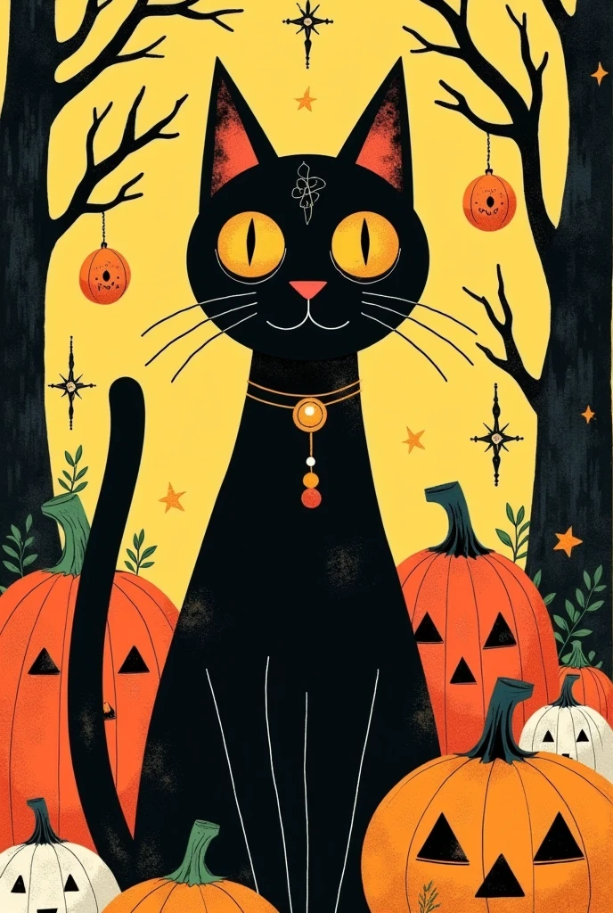 A retro Halloween  flyer with a black cat, pumpkins, and stars,Simple flat vector design, simple shapes, and simple colors.