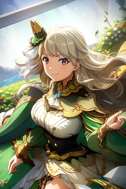 ((Best Quality)), ((masterpiece)), ( Details),  1 Girl, Light blonde, Emerald Green_eye, smile, Sister, Right Hand _Red Rose,Hair ornament, chest, Big Breasts, Costume_Satono diamond style