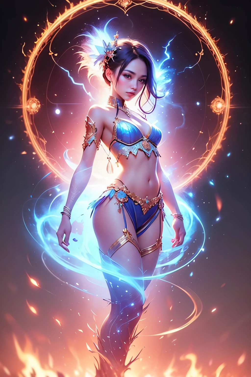 Photorealsitic,a beautiful detailed girl,Three-dimensional feeling,Very fine,CG wallpapers,16k,realisitic,japanaese girl,sixteen years old,Small_breasts,Belly Dance Costume,Fantasia,Lightning Effect,magic circles,Diffraction spikes,combat pose