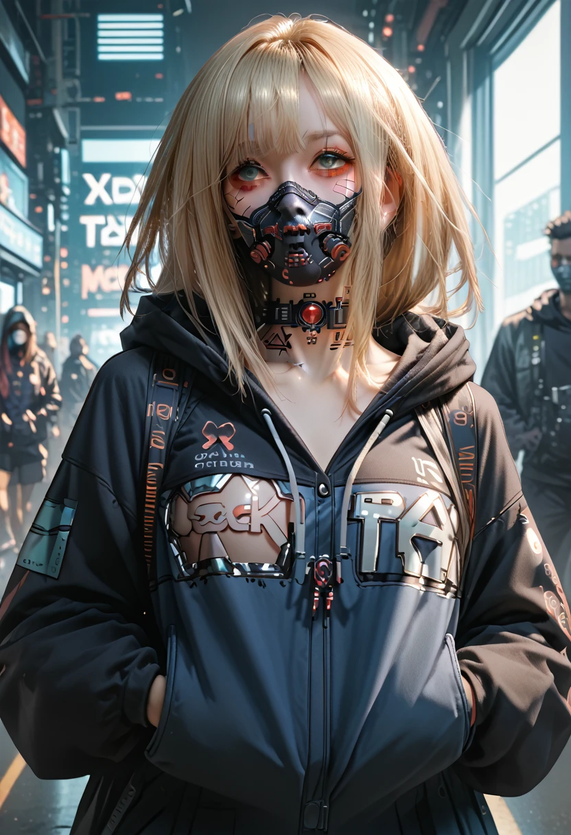 ultra-detailed,highly detailed,best quality,masterpiece,illustration, 
a woman wearing a face mask and a black hoodie standing in front of a, girl wearing hoodie, cyberpunk anime girl in hoodie, wearing netrunner clothing, blue hoodie, black hoodie techie, blonde haired girl wearing hoodie, cyberpunk streetwear, wearing hoodie, in a hoodie, wearing cyberpunk streetwear, cyberpunk wearing, woman in streetwear, wearing a hoodie, black hoodie, wearing a blue hoodie, hoodie, dressed black hoodie, decorative dark blue clothing, wearing cyberpunk 2 0 7 7 jacket, in a hood