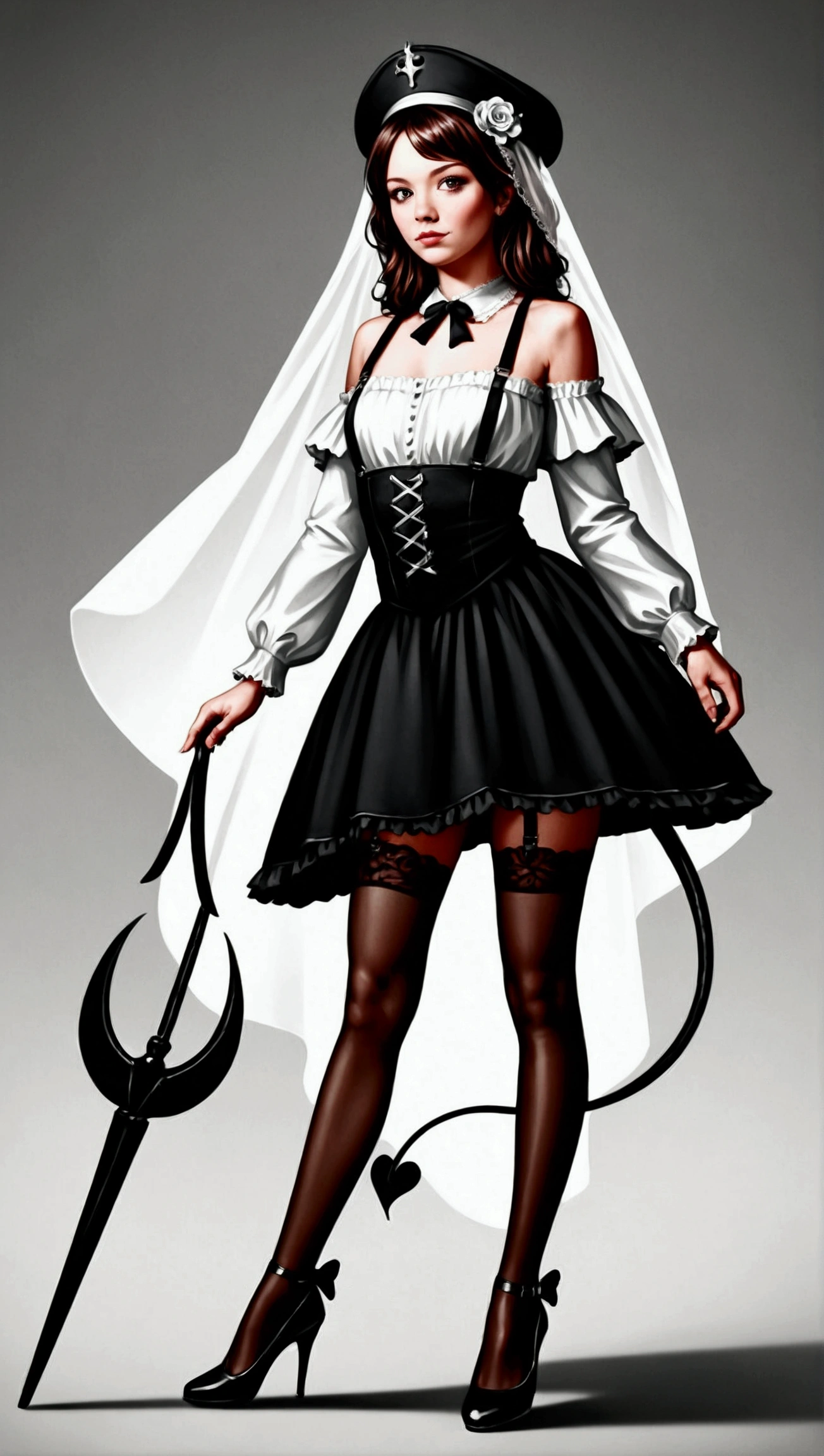 young woman, succubus, stockings with suspenders, playful look, long sleeves, bare shoulders, hat with veil, high heels, vintage, sniffs flower, ray tracing, (best quality, 8k, ultra-detailed, photorealistic, highly detailed, masterpiece:1.2), intricate details, porcelain skin, seductive expression, dramatic lighting, moody color palette, atmospheric environment, cinematic composition