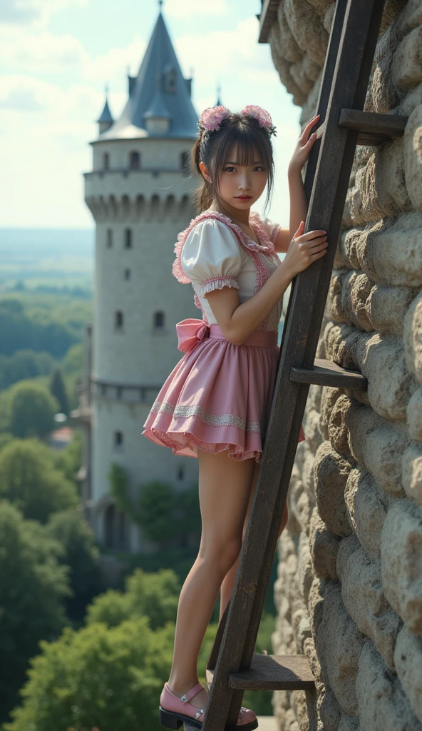 ultra-realistic, photorealistic, dramatic scene, shadow, global-illumination, solo, (teenage Japanese famous idol girl:1.5), very beautiful fragile Japanese girl, very beautiful with very cute but boyish cool face, (modern maid:1.2), (wearing a cute colored maid outfits with frills:1.2), (very large breasts), slim waist, She is climbing up an extremely dangerous ladder to repair the roof of a castle tower, Wonderful view down below, an old European castle