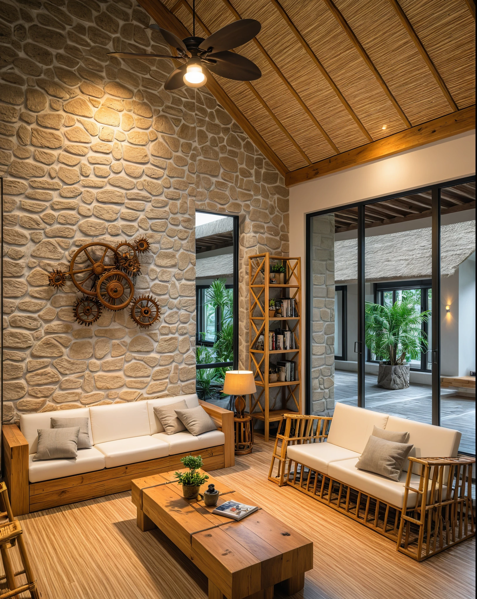 Warm interior space,wabi-sabi kitchen interior, rough-hewn material, exposured wood, stucco wall, refrigerator, cozy lighting,Tea ceremony space, meditation space, carpet, natural rough stone wall, rush ceiling, bamboo and rattan ceiling,
,RAW photo, subject, 8k uhd, dslr, soft lighting, high quality, film grain, Fujifilm XT3