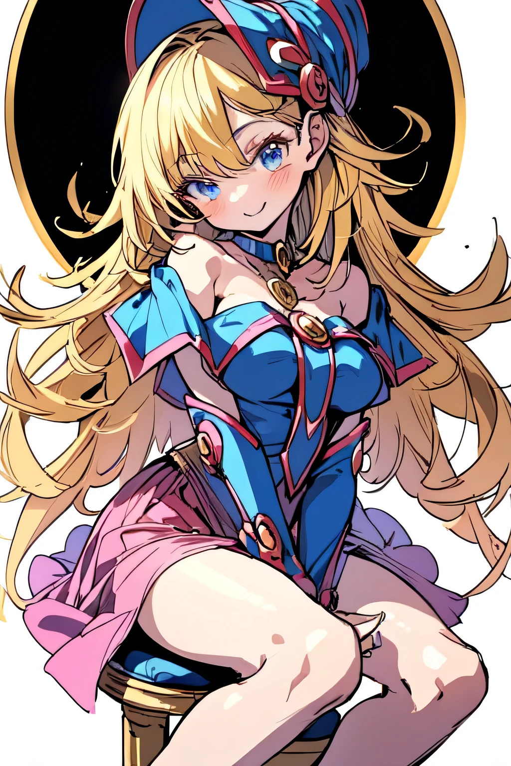 (masterpiece, 1k, anime style, portrait, face shot, professional artwork, intricate details, colorful, bold drawing lines), (ultra detailed body, ultra detail hair, ultra detail face), kind smile, very hot color, best quality, 1girl, hires, wearing midi dress, shoes, sitting on chair, hat on head, cute shy smile, blonde hairs, blue eyes,  wearing blue jean def with matching white jacket, blue collar, magic stick in hand, sunny day