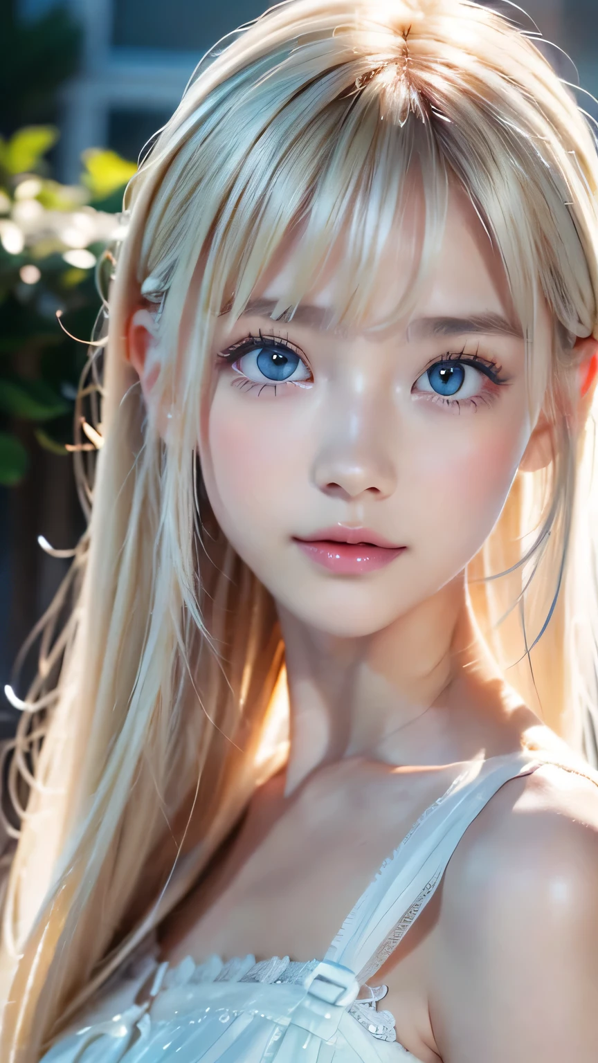 platinum blonde fine hair 、super long beautiful straight hair、 face and eye bangs 、 VERY BEAUTIFUL VERY BRIGHT MINT LIGHT GREEN BIG EYES、 TRANSPARENT WHITE AND WET NIGHTGOWN 、Nordic youth、 perfect body、white muscles 、 Shiny Skin 、Young and beautiful skin、 perfect beautiful little face 、Bright makeup、Pale pink lips、Bright expression、1 VERY BEAUTIFUL YOUNG FIRST 々 FACE DESIGN DETAILED FEATURES 、 buttonless shirt 、lipstick、Deceptive advertising、{steams}、 viewer vision 、 golden hour lighting 、 bokeh vibe perspective 、 Details、 movie light 、 Intricate Details、 Kampala 、Detailed features of face design、 Details、 clear focus、Smoothness、aesthetics、printing、Octane、masterpiece、{{}}、Small Face Beauty、round face