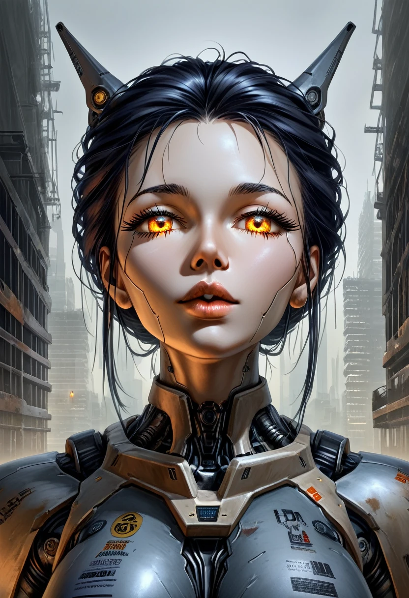 A highly detailed portrait of a technologically advanced ancient alien in a post-apocalyptic cityscape, beautiful detailed eyes, beautiful detailed lips, extremely detailed face and features, long eyelashes, cyborg, futuristic, advanced technology, glowing circuits, mechanical parts, post-apocalyptic environment, ruined city, dystopian, abandoned buildings, overgrown vegetation, moody lighting, dramatic shadows, cinematic, muted color palette, photorealistic, 8k, ultra-detailed, masterpiece, digital art