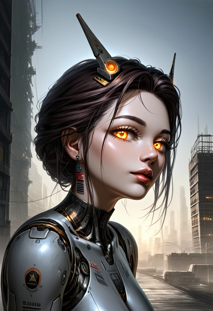 A highly detailed portrait of a technologically advanced ancient alien in a post-apocalyptic cityscape, beautiful detailed eyes, beautiful detailed lips, extremely detailed face and features, long eyelashes, cyborg, futuristic, advanced technology, glowing circuits, mechanical parts, post-apocalyptic environment, ruined city, dystopian, abandoned buildings, overgrown vegetation, moody lighting, dramatic shadows, cinematic, muted color palette, photorealistic, 8k, ultra-detailed, masterpiece, digital art