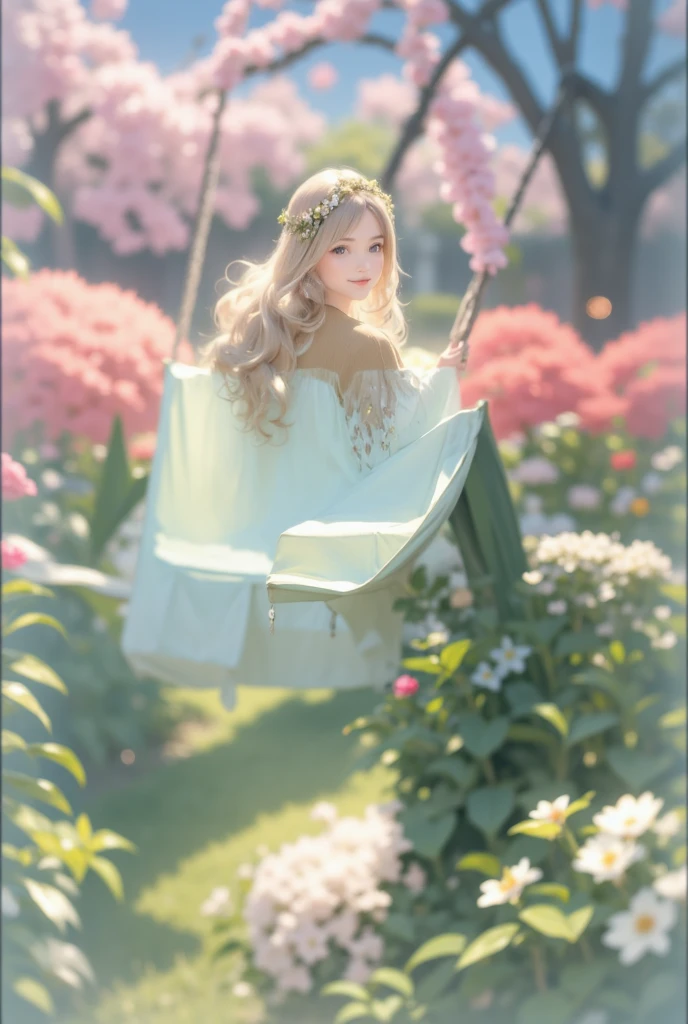 anime girl,  Sits in the Flower Garden on the veranda,  A bench made like a Swing ,  Girl Swings on a Swing , Joy,  hair develops , Beautiful with a wreath on her head ,  sunny day , beautiful colors, Game of Shadows, 8 k,  intricate details , Sh1k, 