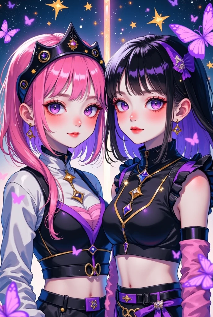   girl hair pink ，dark eyes pink ， friend girl hair black with purple ,    butterfly purple particles   ,  ,  Futuristic Clothing ,  Below a cropped top , Match icon  ,   atmosphere with stars HD    
