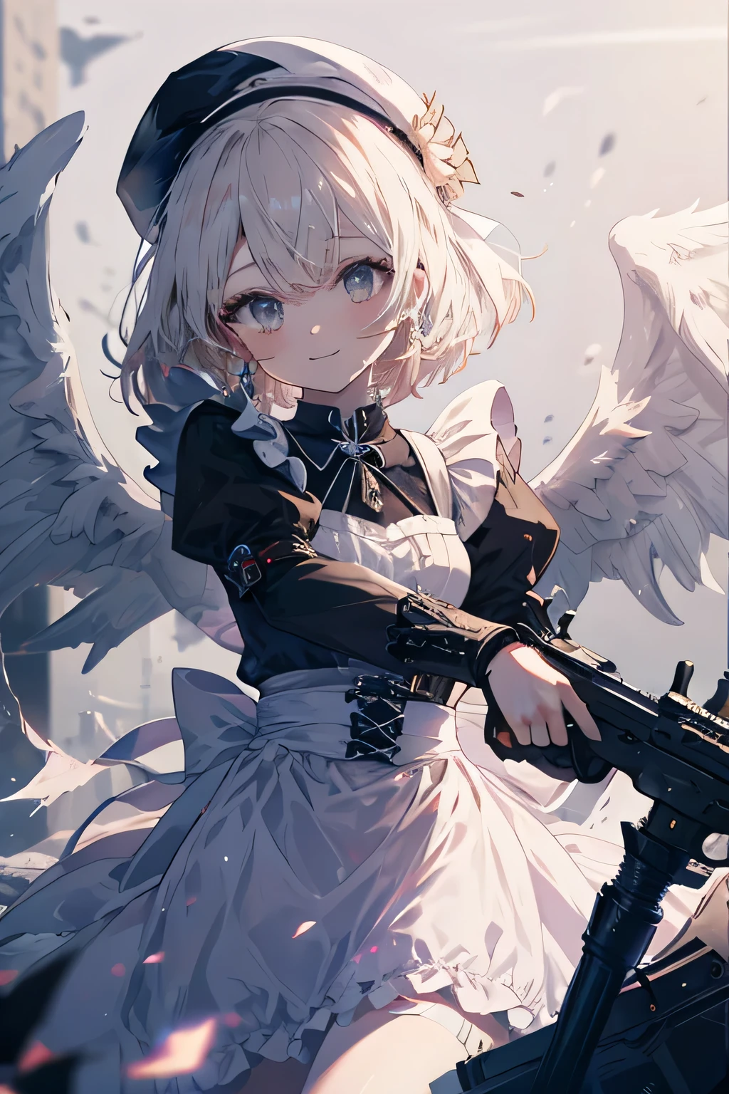 Maid without a headdress girl smiling, dentro de un MMORPG, Arm,  unknown background(MMORPG),  shooting at enemies, complete anatomy, white beret, angel wings